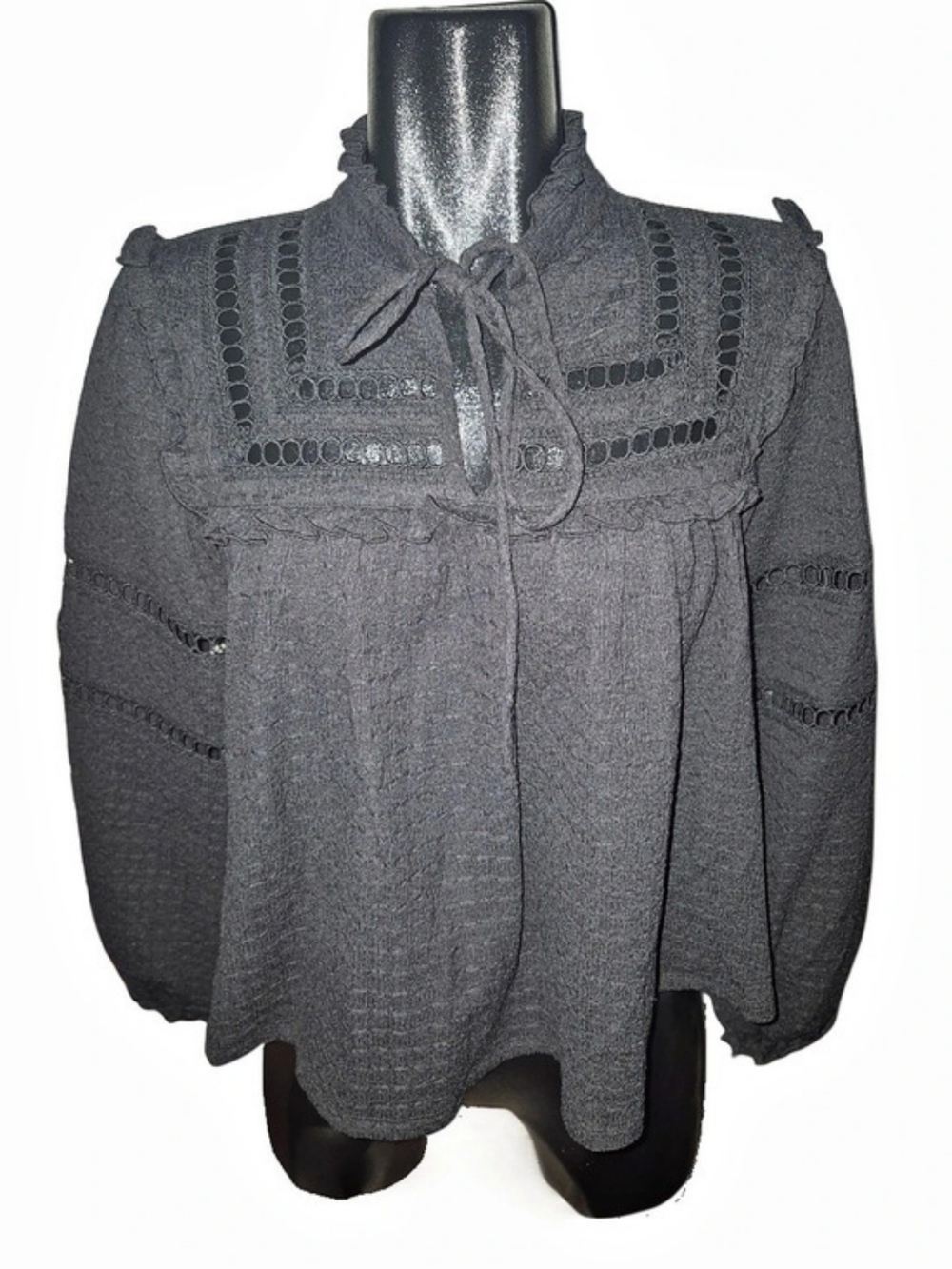 Divided H&M Black Low Ruffled Rope Tie Neckline Crochet Trim Blouse Size S